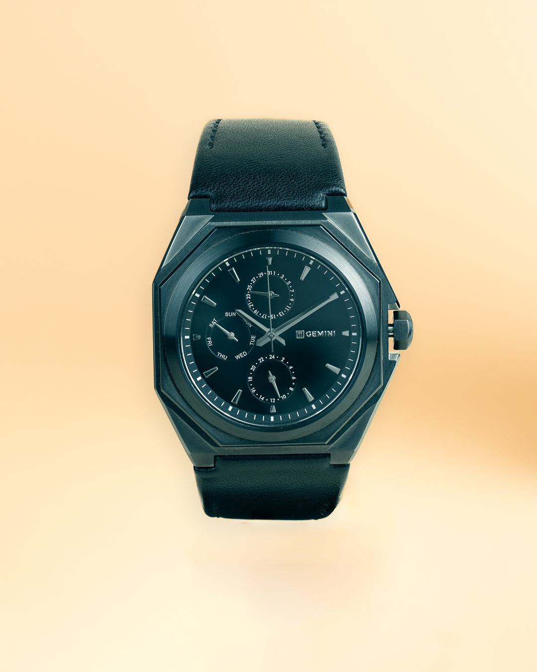 42mm black steel watch with Italian leather strap – Gemini Official