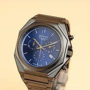 44mm Swiss chronograph watch with dark grey case and strap