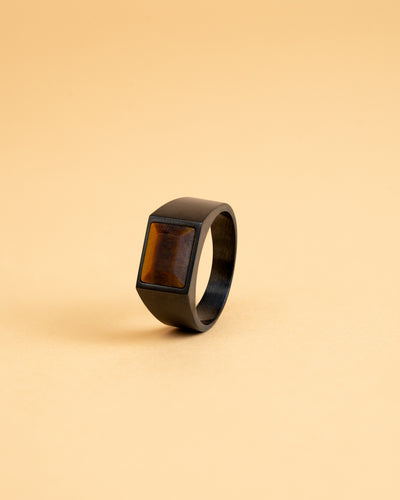 Black Titanium signet ring with Tiger Eye stone