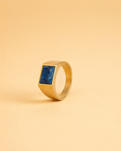 18k Titanium zegelring met Lapis Lazuli steen en goudkleurige afwerking