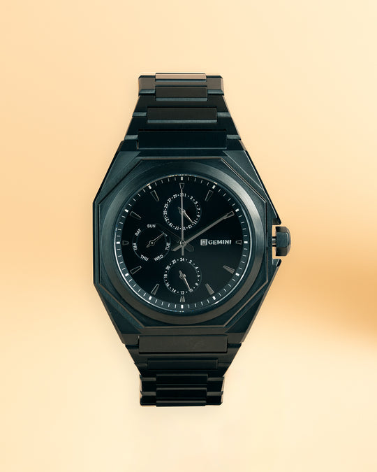 42mm full stainless steel watch with black finish