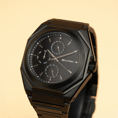 42mm full stainless steel watch with black finish