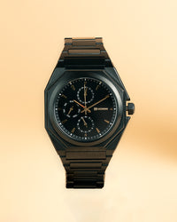 42mm full stainless steel watch with black finish and gold details