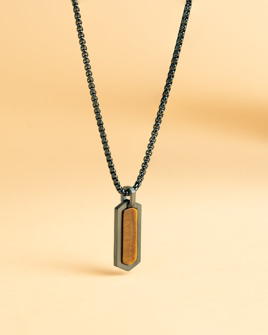 Black stainless steel necklace with a Tiger Eye stone