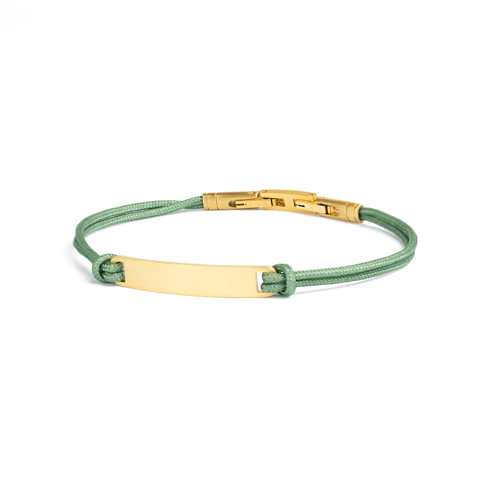 1.5mm green nylon bracelet with a stainless steel closing and gold-plated engraving plate