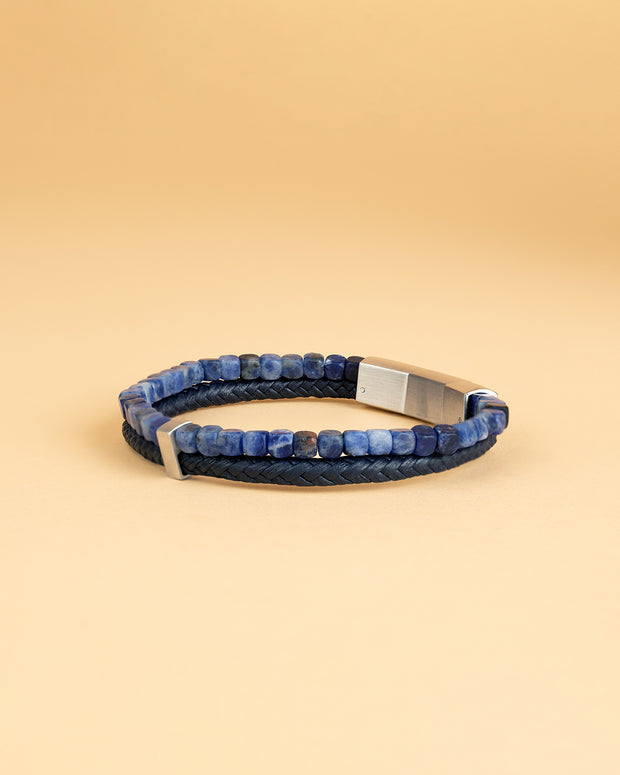 Double bracelet with Italian leather and 4mm Blue Sodalite stone