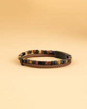 Double bracelet with brown Italian leather and 3 shades of Tiger Eye stone