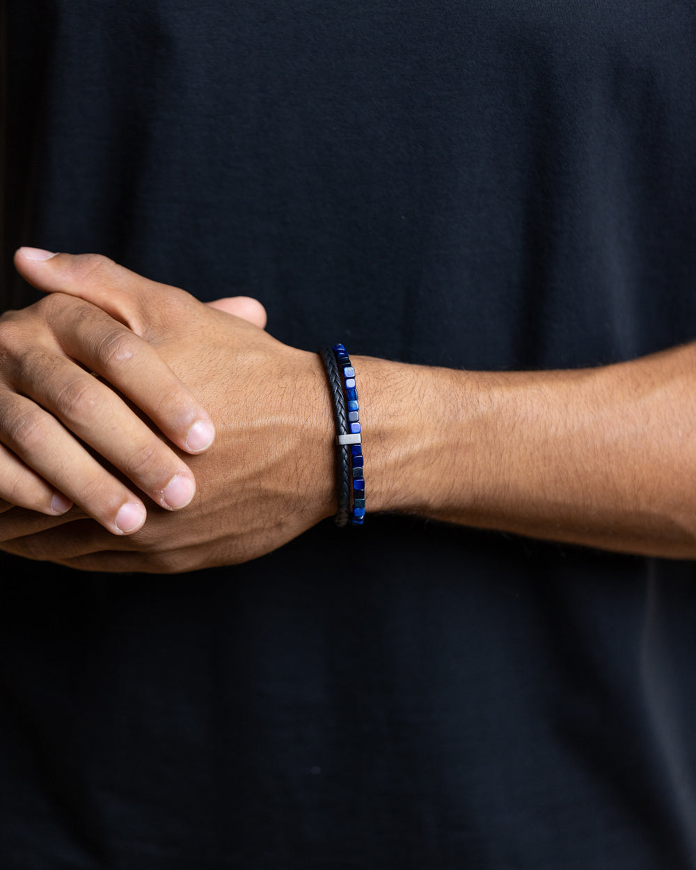 Double bracelet with black Italian leather and blue Tiger Eye stone