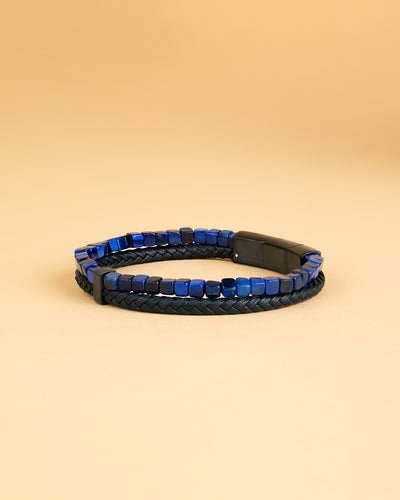 Double bracelet with black Italian leather and blue Tiger Eye stone
