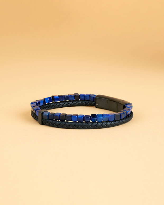 Doppeltes Armband mit schwarzem italienischem Leder und blauem Tigerauge-Stein