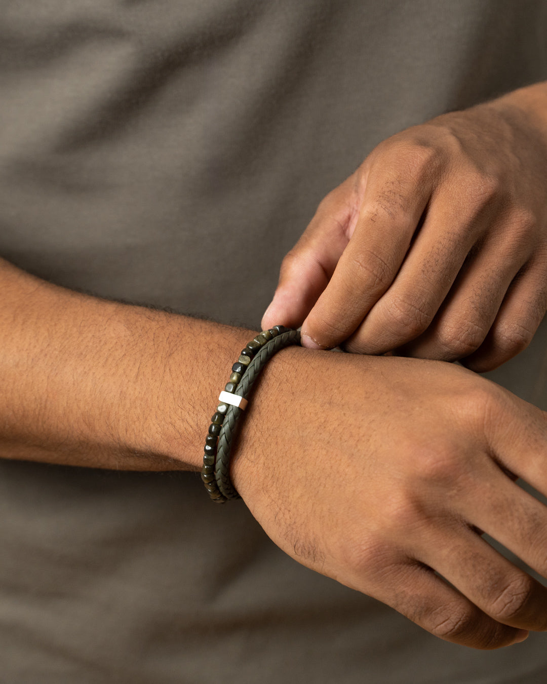 Double bracelet with green Italian leather and Obsidian stone