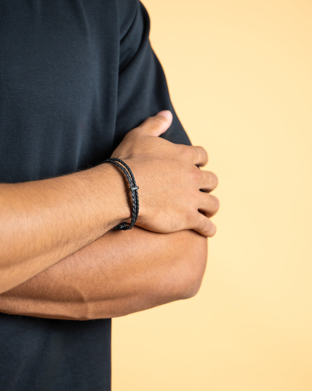 Double black Italian nappa leather bracelet with black finish