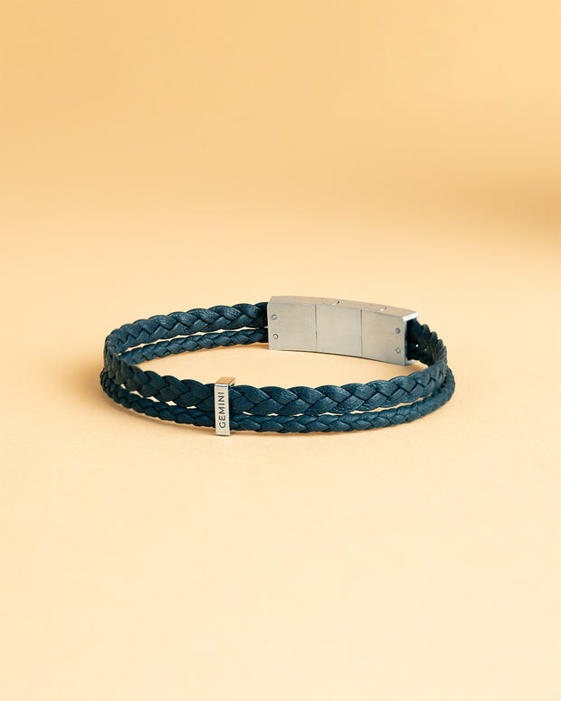 Bracelet double en cuir nappa italien bleu avec finition argentée