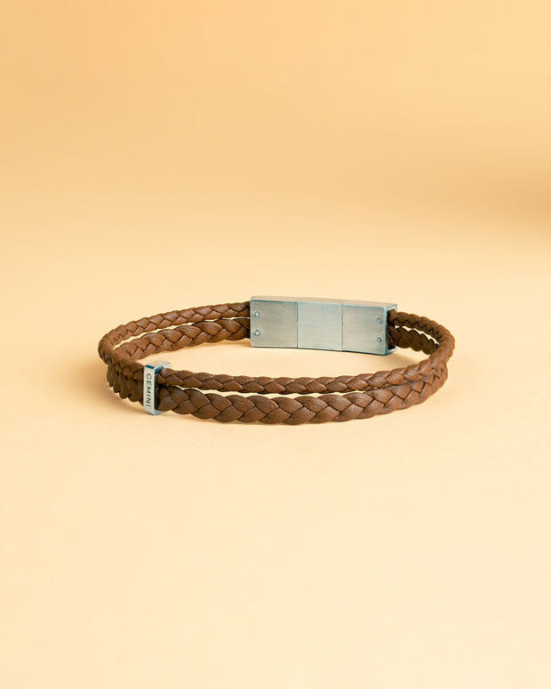 Double light brown Italian nappa leather bracelet with silverplated finish