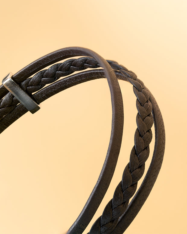 Driedubbele armband uit bruin Italiaans leder met zilverkleurige afwerking