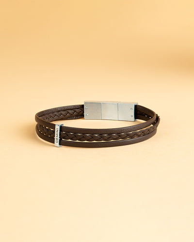 Bracelet en cuir nappa italien triple marron avec finition argentée