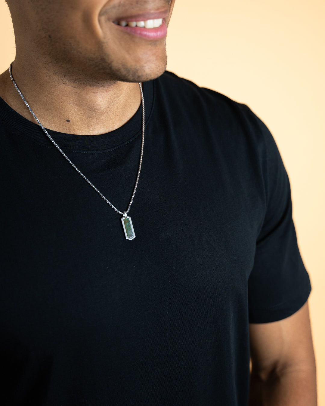 Stainless steel necklace with a green Obsidian stone