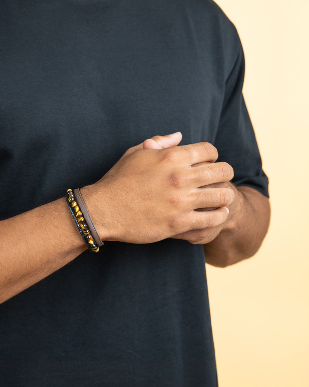 Triple bracelet with 6mm Tiger Eye stone and Nappa leather