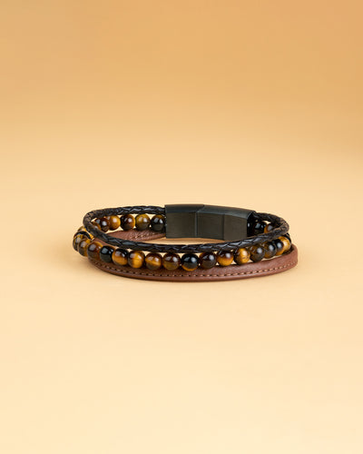 Triple bracelet with 6mm Tiger Eye stone and Nappa leather