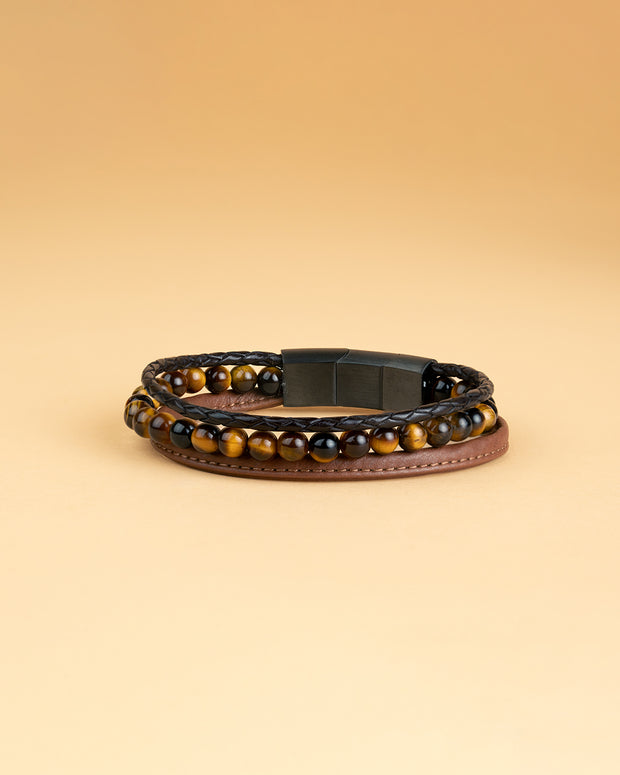 Triple bracelet with 6mm Tiger Eye stone and Nappa leather