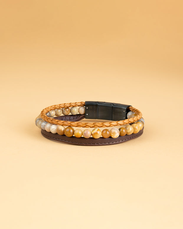 Bracelet triple avec pierre de Jaspe en 6 mm et cuir Nappa