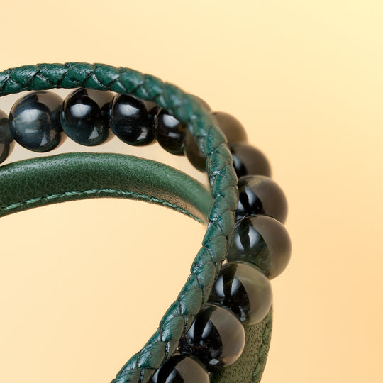 Triple bracelet with 6mm Green Tiger Eye stone and Nappa leather