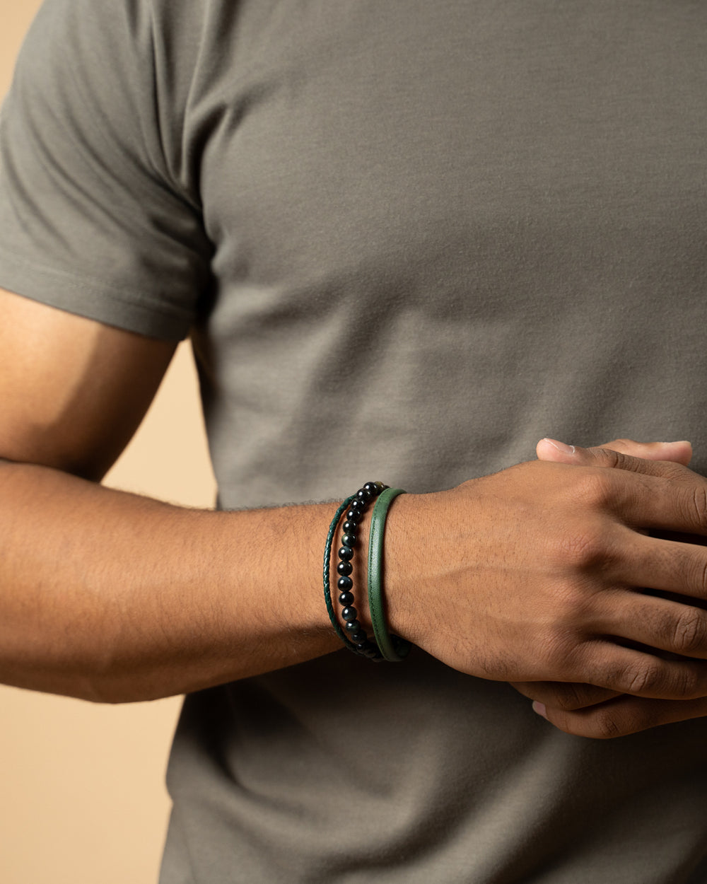 Triple bracelet with 6mm Green Tiger Eye stone and Nappa leather