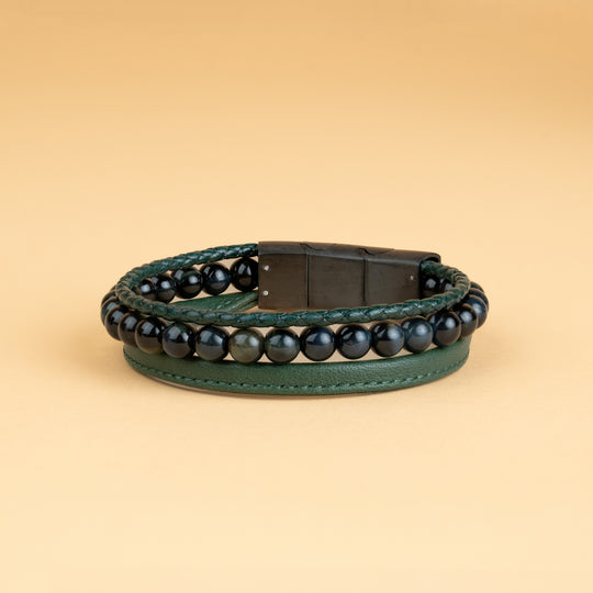 Bracelet triple avec pierre Oeil de Tigre Vert 6 mm et cuir Nappa