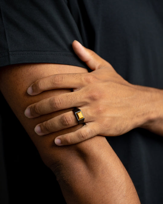 Black Titanium signet ring with Tiger Eye stone