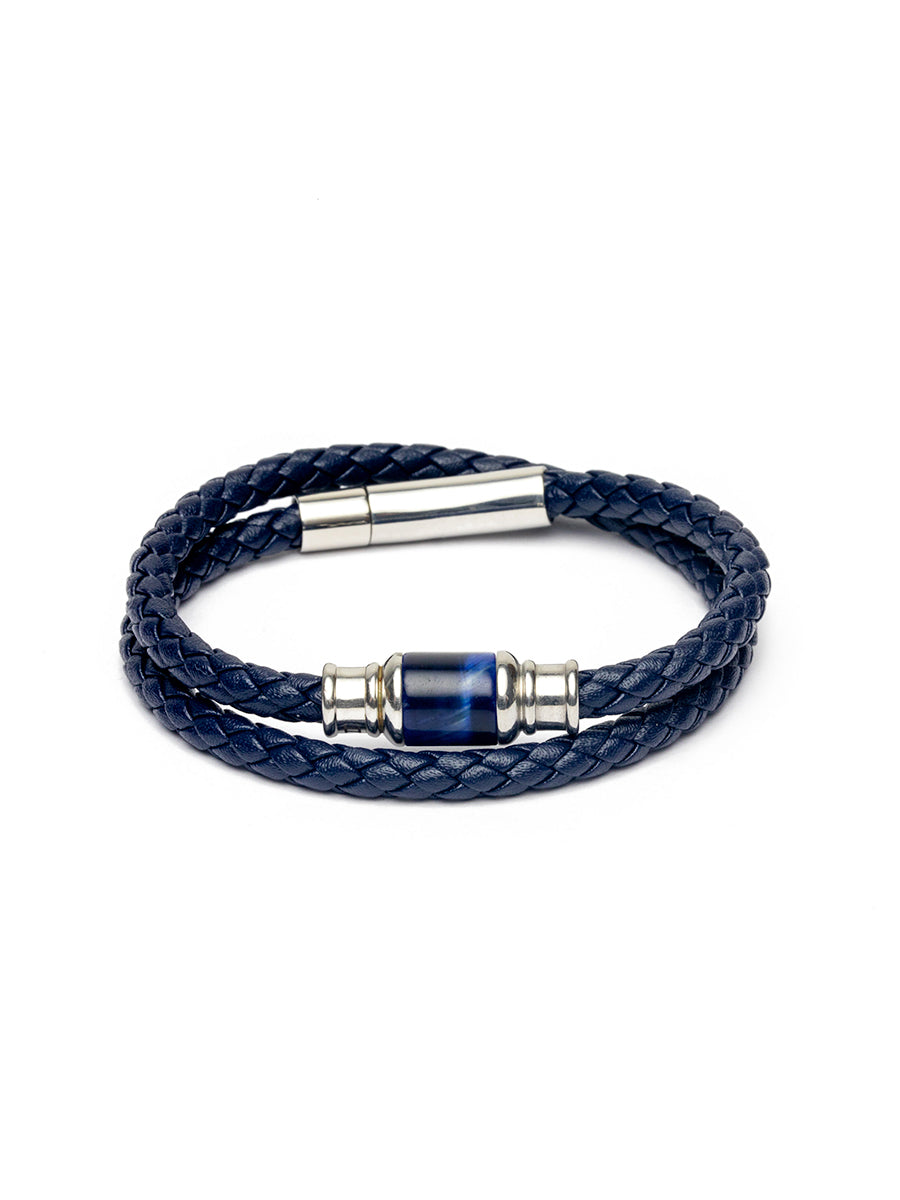 Bracelet en cuir rond tressé 5 mm avec une pierre Oeil de Tigre bleu